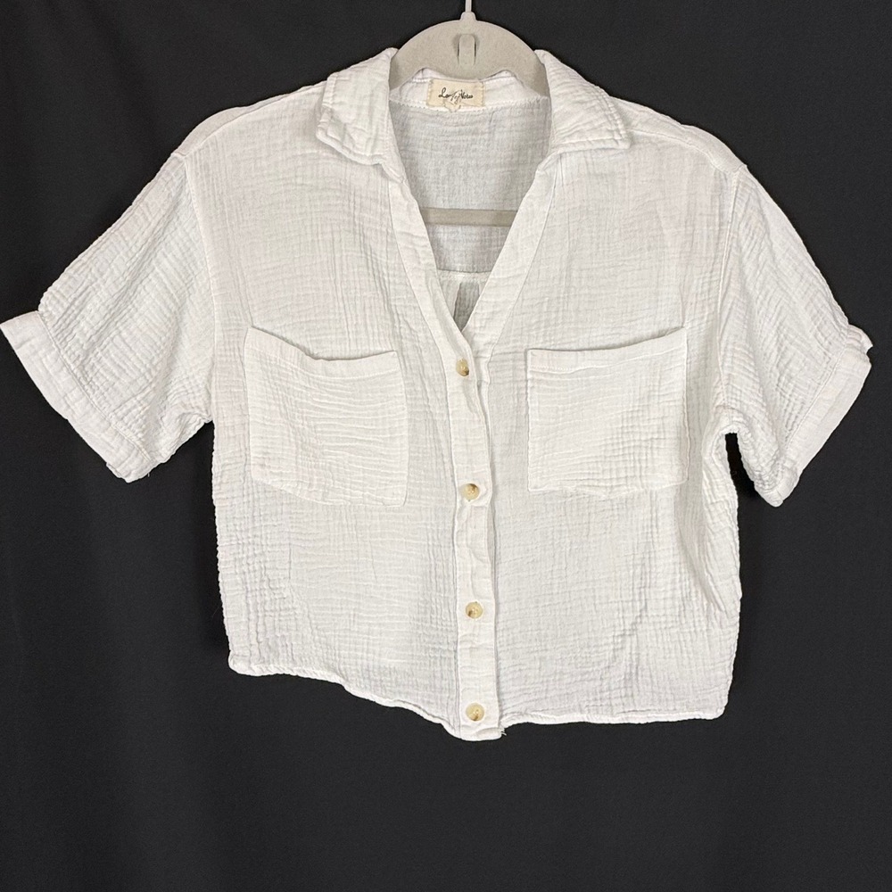 Love Notes White Cotton Crinkle Gauze Cropped Short Sleeve Button Up Shirt S